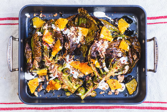 Roast Sprouts Tops with Pomegranate Molasses, Orange and Chilli